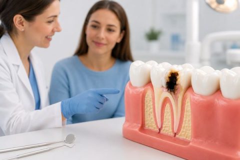 Dentist explaining a cavity on a tooth model during a dental consultation