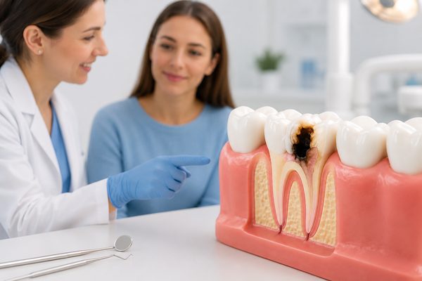 Dentist explaining a cavity on a tooth model during a dental consultation