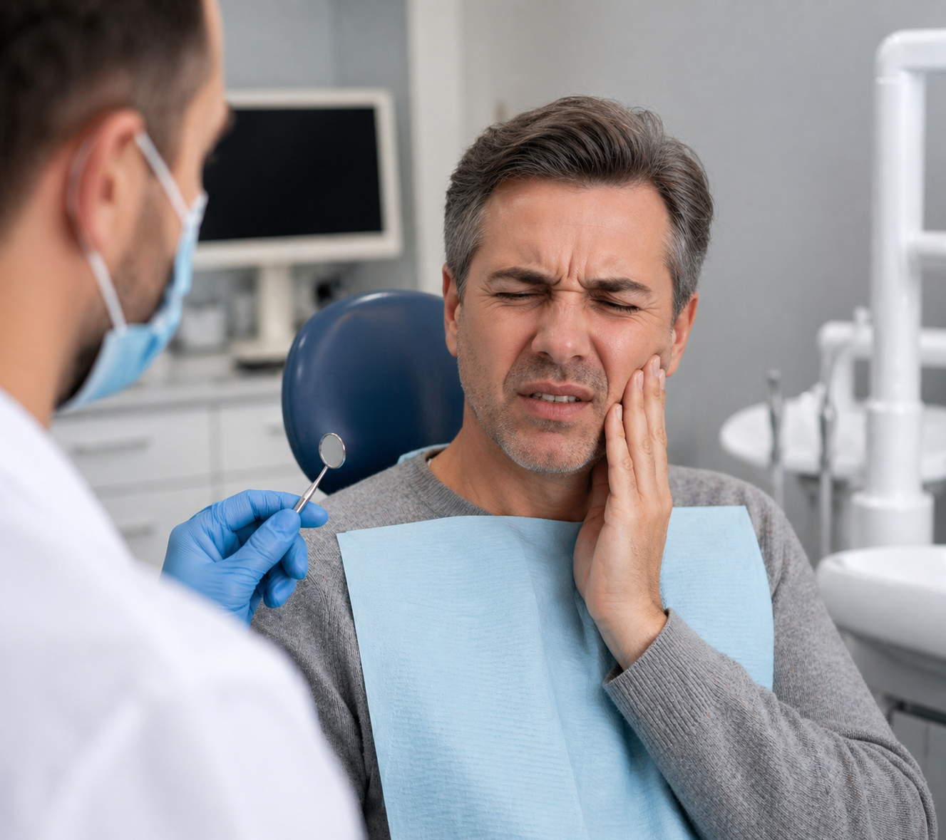 Middle-aged patient experiencing cracked tooth pain during dental exam in Whittier CA