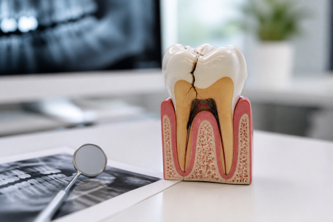 Cracked tooth model with dental X-ray and mirror representing emergency evaluation for a cracked tooth