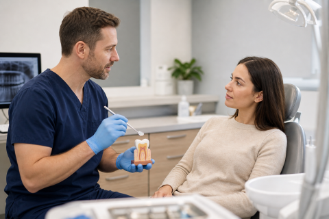 Dentist explaining cracked tooth symptoms to a patient in a dental chair