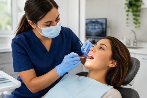 Dental professional examining a patient to determine whether a deep cleaning is needed
