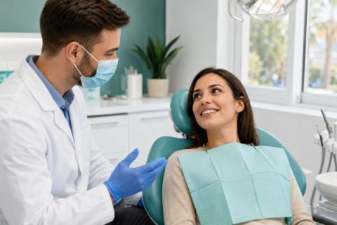 Dentist in a surgical mask reassuring a relaxed patient wondering if a dental filling hurts, in a Whittier CA dental office