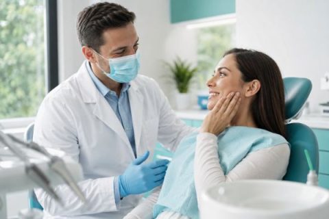 Dentist reassuring a calm patient who rests a hand near their cheek because a tooth hurts after a filling, dental office in Whittier CA