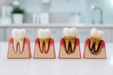 Dental models showing progression of untreated gum disease from healthy gums to bone loss and tooth loss