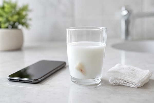 Knocked-out tooth placed in milk with gauze nearby, representing emergency steps after losing a tooth