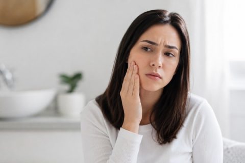 Woman holding her cheek with facial swelling from a possible tooth infection