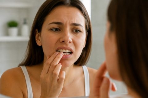Woman checking her teeth in the mirror, representing loose teeth or tooth mobility concerns